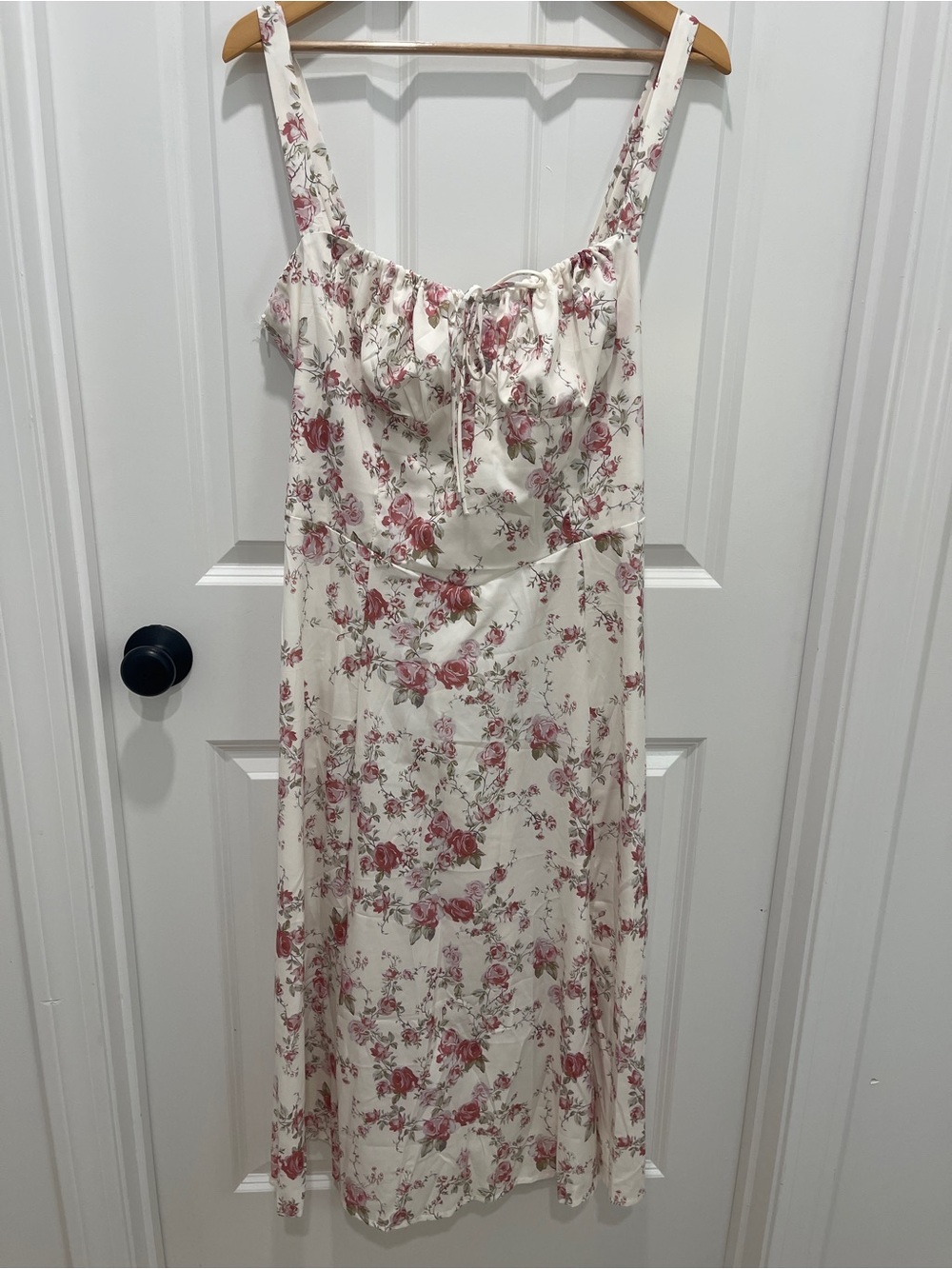 Floral Cream Midi Sundress with Pink Rose Print